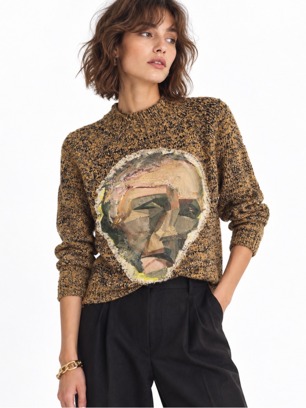 Hand Painted Art to Wear Sweater Marled Knit Cavas Artsy Unique DIY Portrait S